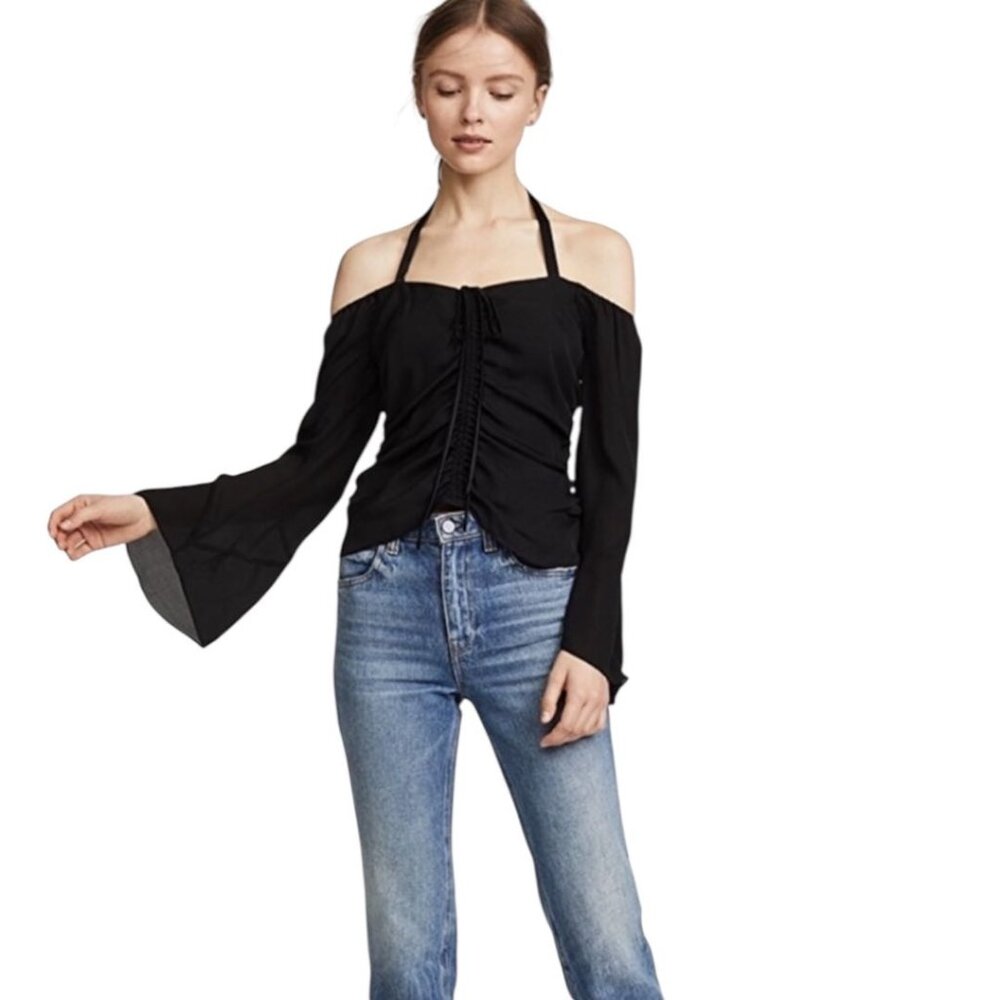 NWT Cinq a Sept Lorne Black Silk Off Shoulder Halter Top XS Reg. $365 - Picture 2 of 12